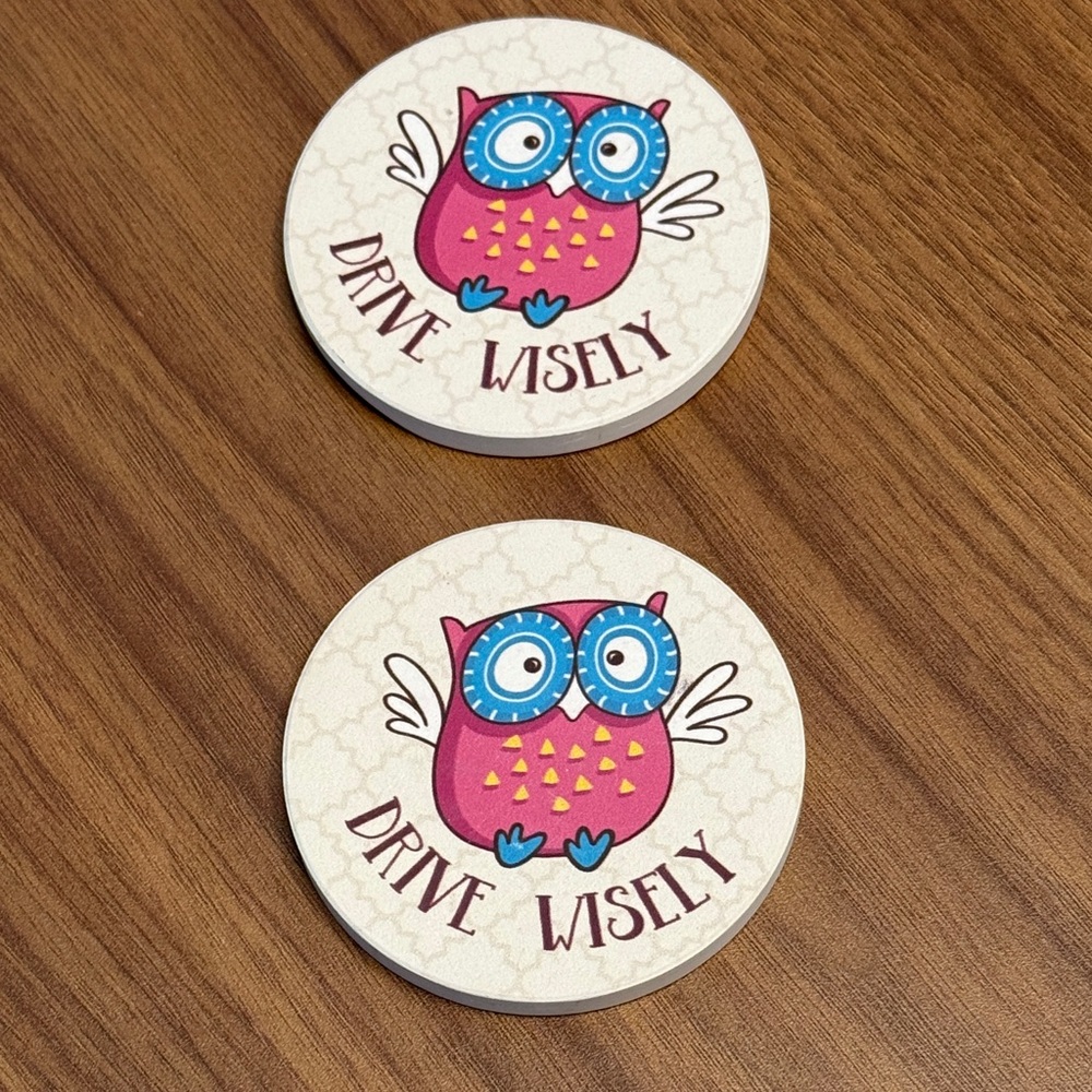 New Drive Wisely Owl Car Coasters Set of 2 Absorbent Stone Cup Holders